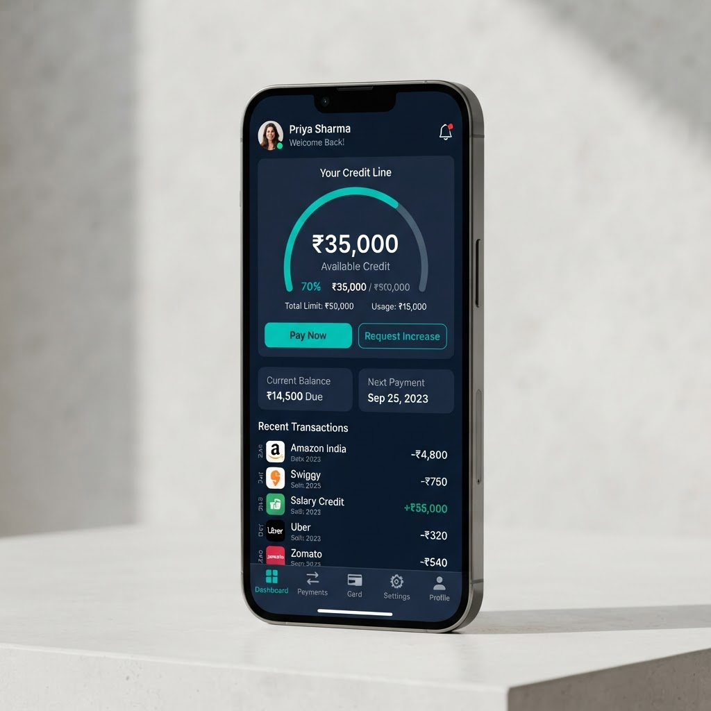 CredVantage Credit Line App interface showing available credit balance